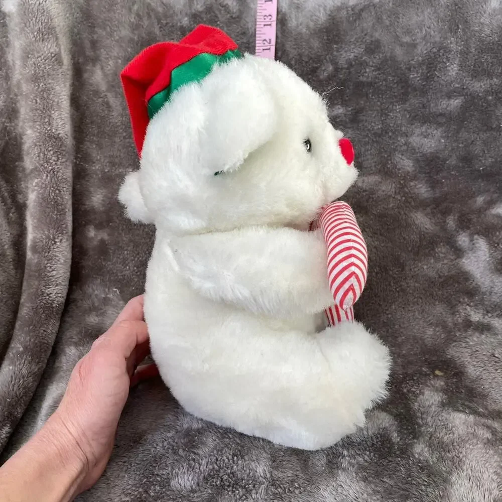 Vtg 90's White Christmas Bear Plush w/ Candy Canes & Santa Hat Green Feet TAGS